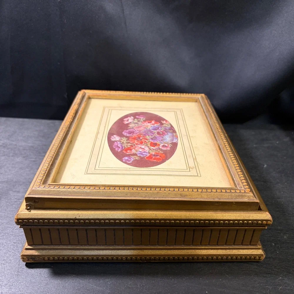 Vintage Ornate Gold Gilt Wood Jewelry Box Floral Art Glass Lid 10.5 Inch